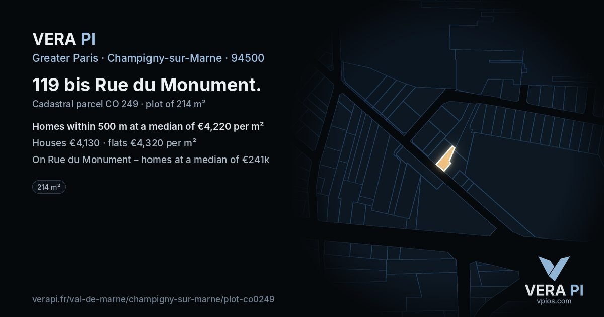119 bis Rue du Monument, Champigny-sur-Marne at night – the plot lit, the parcels around coloured by the prices near them