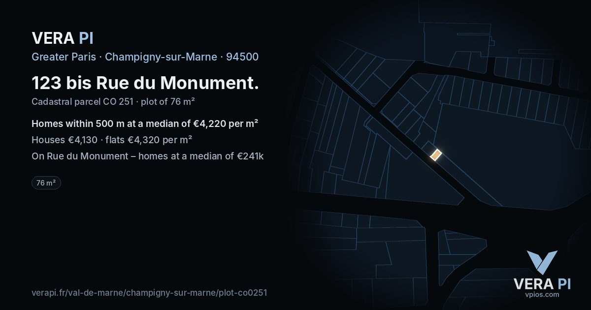 123 bis Rue du Monument, Champigny-sur-Marne at night – the plot lit, the parcels around coloured by the prices near them