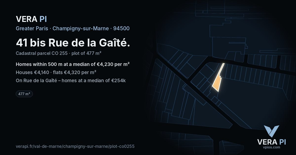 41 bis Rue de la Gaîté, Champigny-sur-Marne at night – the plot lit, the parcels around coloured by the prices near them