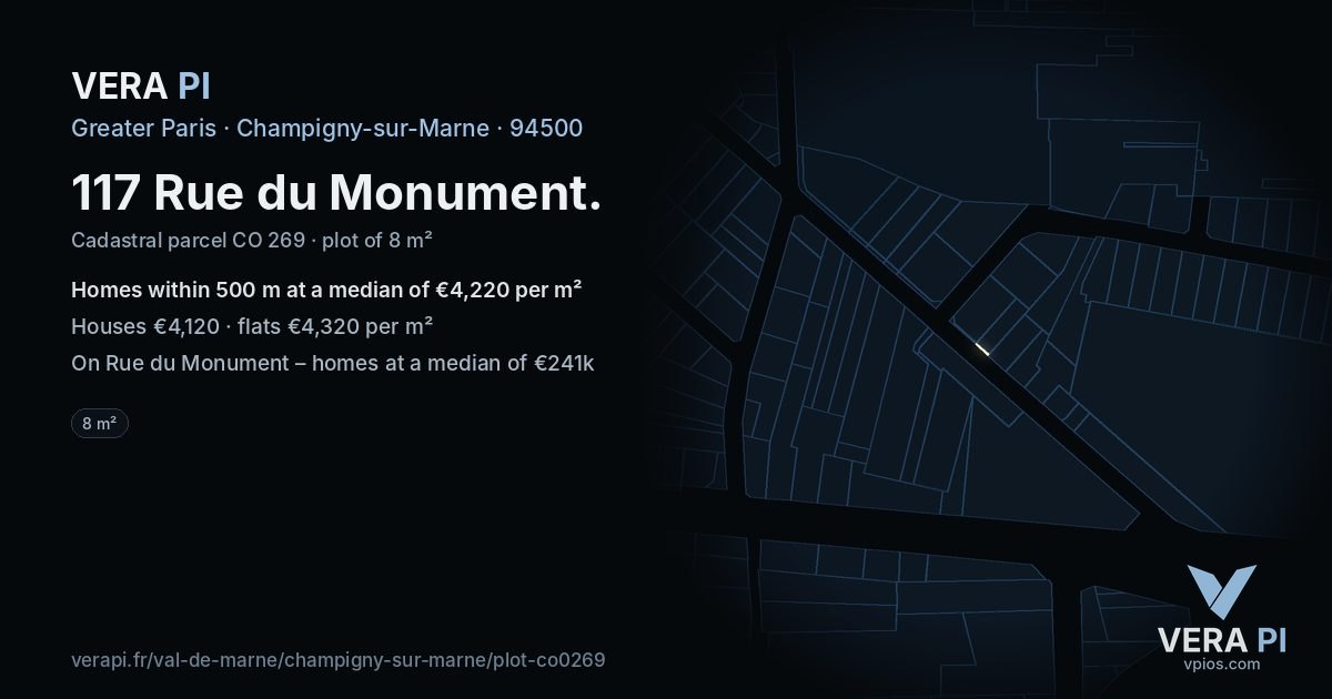 117 Rue du Monument, Champigny-sur-Marne at night – the plot lit, the parcels around coloured by the prices near them
