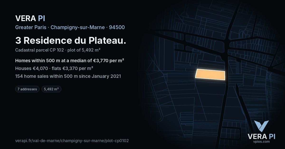 3 Residence du Plateau, Champigny-sur-Marne at night – the plot lit, the parcels around coloured by the prices near them
