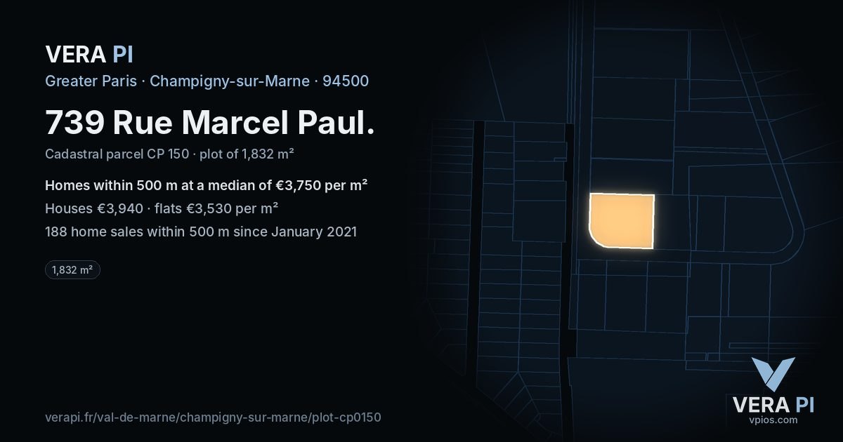 739 Rue Marcel Paul, Champigny-sur-Marne at night – the plot lit, the parcels around coloured by the prices near them