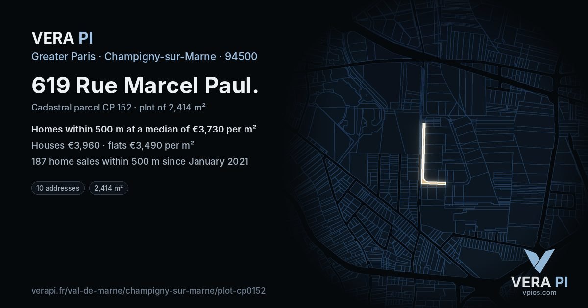 619 Rue Marcel Paul, Champigny-sur-Marne at night – the plot lit, the parcels around coloured by the prices near them