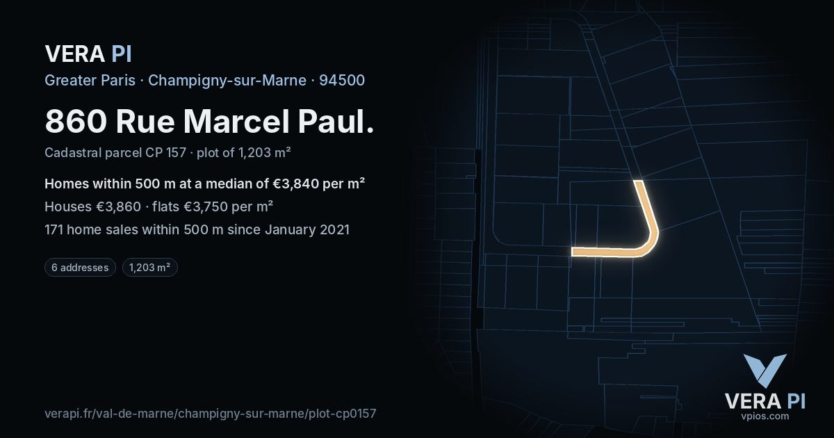860 Rue Marcel Paul, Champigny-sur-Marne at night – the plot lit, the parcels around coloured by the prices near them