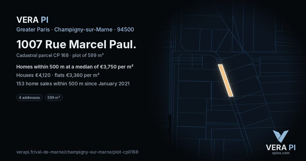 1007 Rue Marcel Paul, Champigny-sur-Marne at night – the plot lit, the parcels around coloured by the prices near them