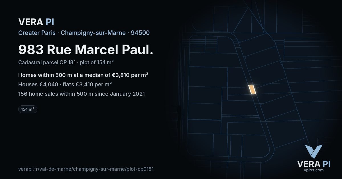 983 Rue Marcel Paul, Champigny-sur-Marne at night – the plot lit, the parcels around coloured by the prices near them