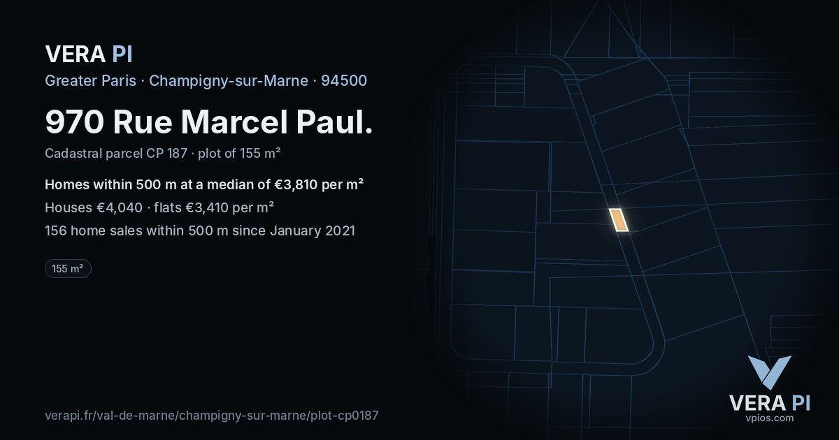 970 Rue Marcel Paul, Champigny-sur-Marne at night – the plot lit, the parcels around coloured by the prices near them