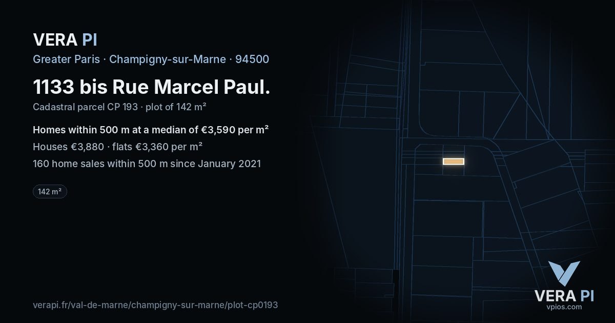 1133 bis Rue Marcel Paul, Champigny-sur-Marne at night – the plot lit, the parcels around coloured by the prices near them