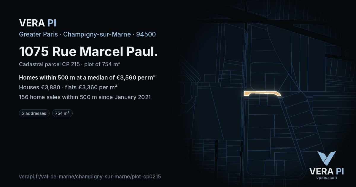 1075 Rue Marcel Paul, Champigny-sur-Marne at night – the plot lit, the parcels around coloured by the prices near them