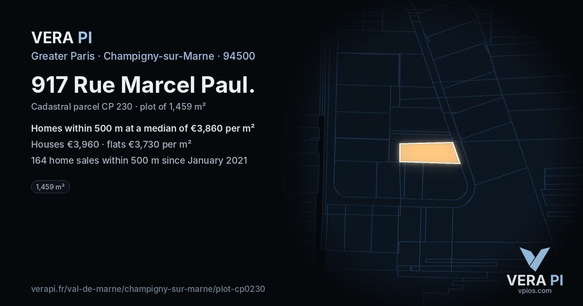 917 Rue Marcel Paul, Champigny-sur-Marne at night – the plot lit, the parcels around coloured by the prices near them