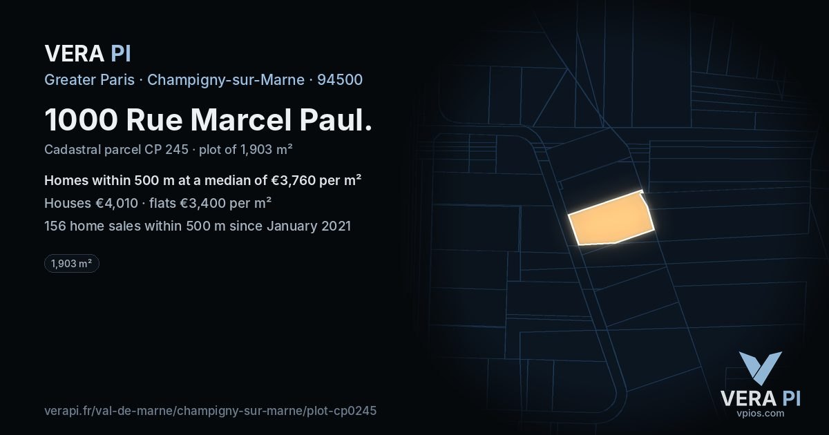 1000 Rue Marcel Paul, Champigny-sur-Marne at night – the plot lit, the parcels around coloured by the prices near them