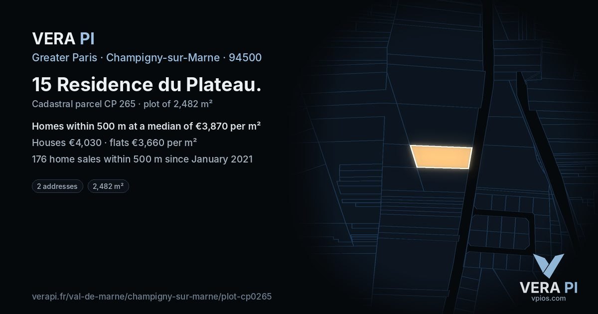 15 Residence du Plateau, Champigny-sur-Marne at night – the plot lit, the parcels around coloured by the prices near them