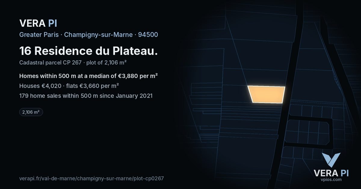 16 Residence du Plateau, Champigny-sur-Marne at night – the plot lit, the parcels around coloured by the prices near them
