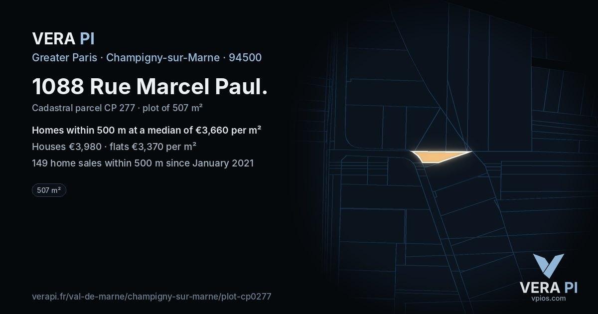 1088 Rue Marcel Paul, Champigny-sur-Marne at night – the plot lit, the parcels around coloured by the prices near them