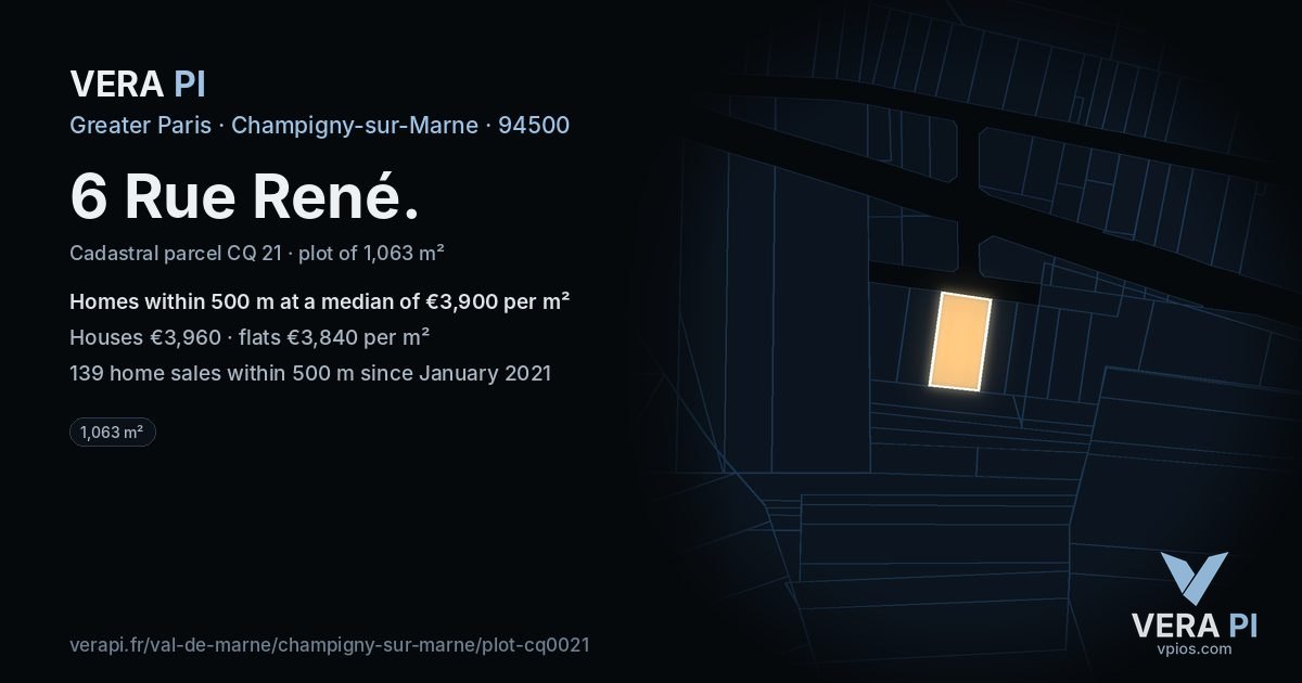 6 Rue René, Champigny-sur-Marne at night – the plot lit, the parcels around coloured by the prices near them