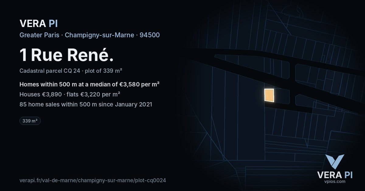 1 Rue René, Champigny-sur-Marne at night – the plot lit, the parcels around coloured by the prices near them