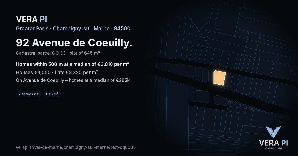 92 Avenue de Coeuilly, Champigny-sur-Marne at night – the plot lit, the parcels around coloured by the prices near them