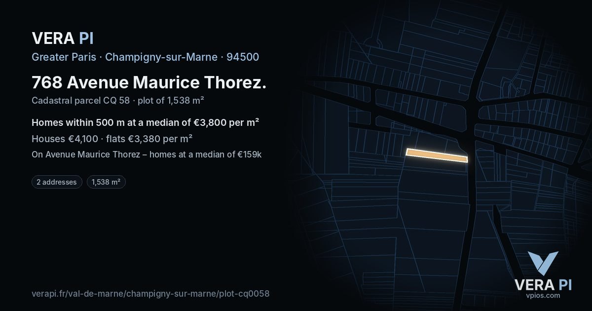 768 Avenue Maurice Thorez, Champigny-sur-Marne at night – the plot lit, the parcels around coloured by the prices near them