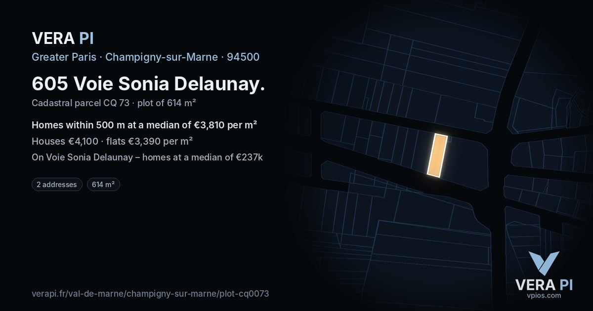 605 Voie Sonia Delaunay, Champigny-sur-Marne at night – the plot lit, the parcels around coloured by the prices near them