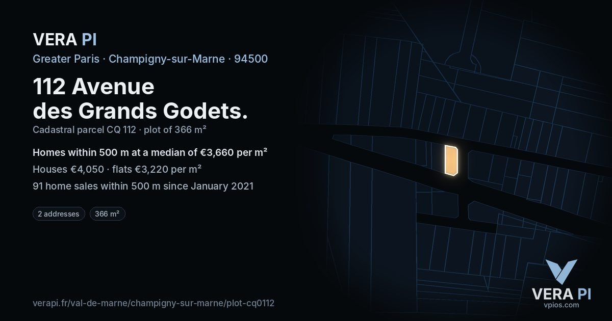 112 Avenue des Grands Godets, Champigny-sur-Marne at night – the plot lit, the parcels around coloured by the prices near them