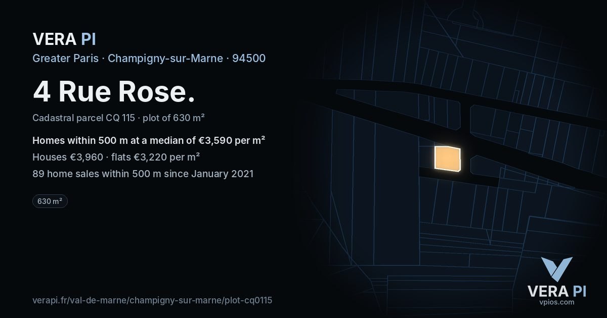 4 Rue Rose, Champigny-sur-Marne at night – the plot lit, the parcels around coloured by the prices near them