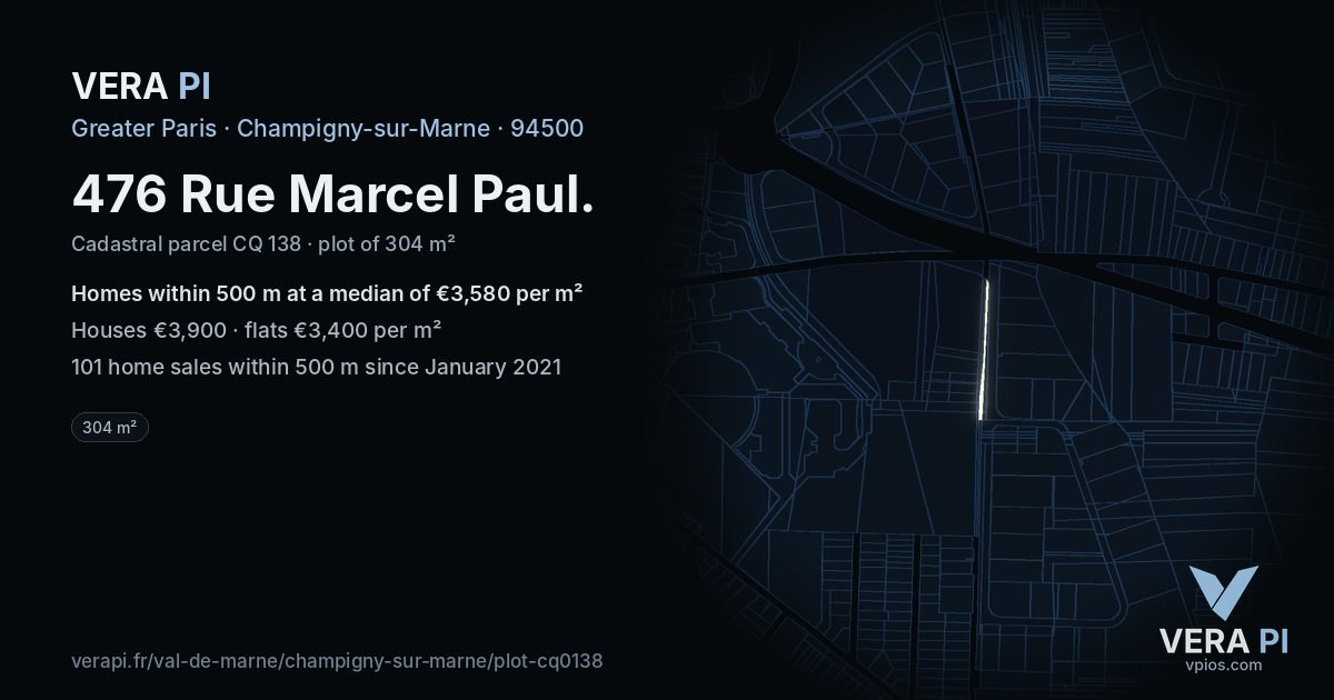 476 Rue Marcel Paul, Champigny-sur-Marne at night – the plot lit, the parcels around coloured by the prices near them
