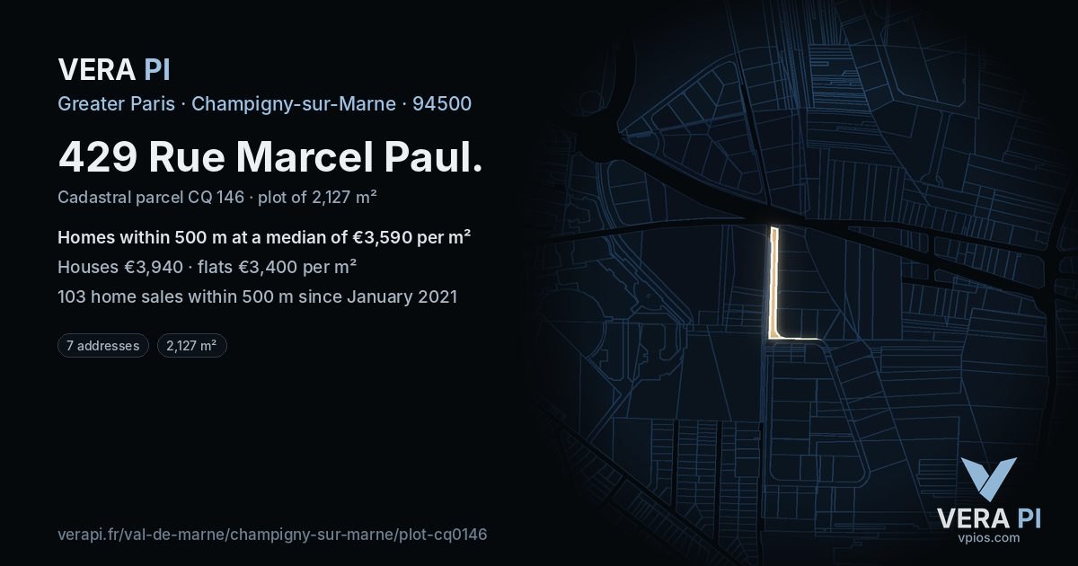 429 Rue Marcel Paul, Champigny-sur-Marne at night – the plot lit, the parcels around coloured by the prices near them