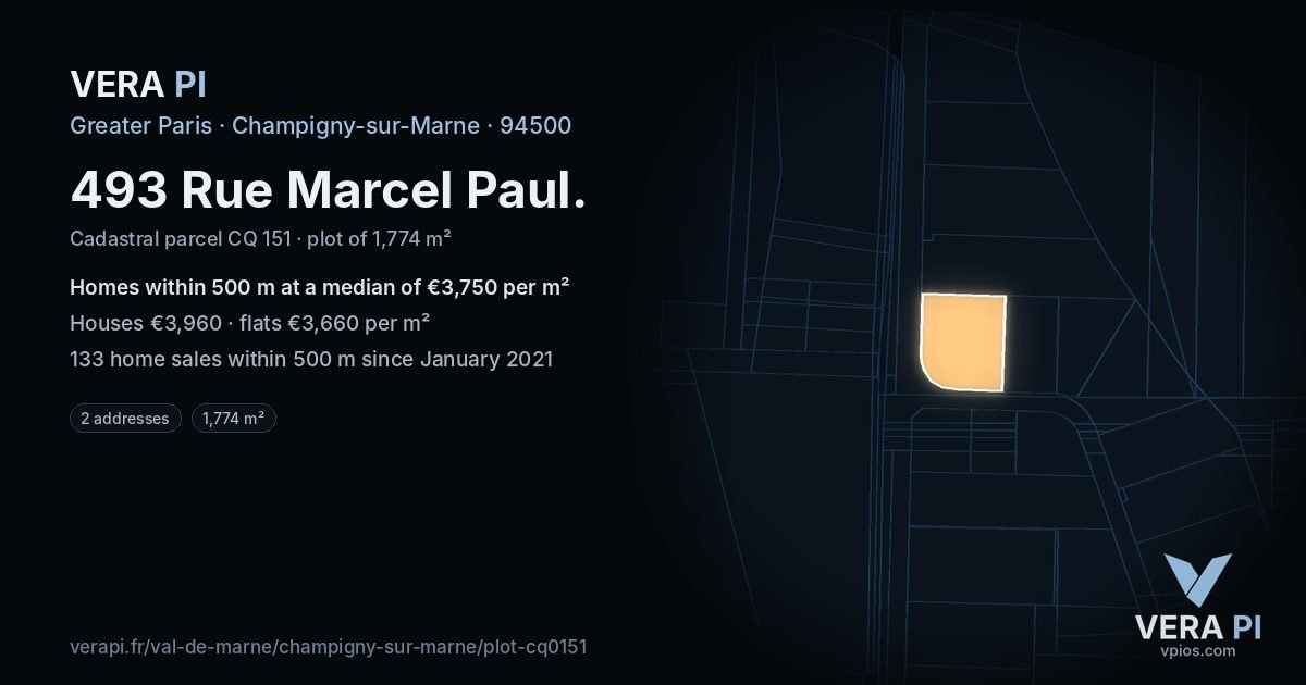 493 Rue Marcel Paul, Champigny-sur-Marne at night – the plot lit, the parcels around coloured by the prices near them