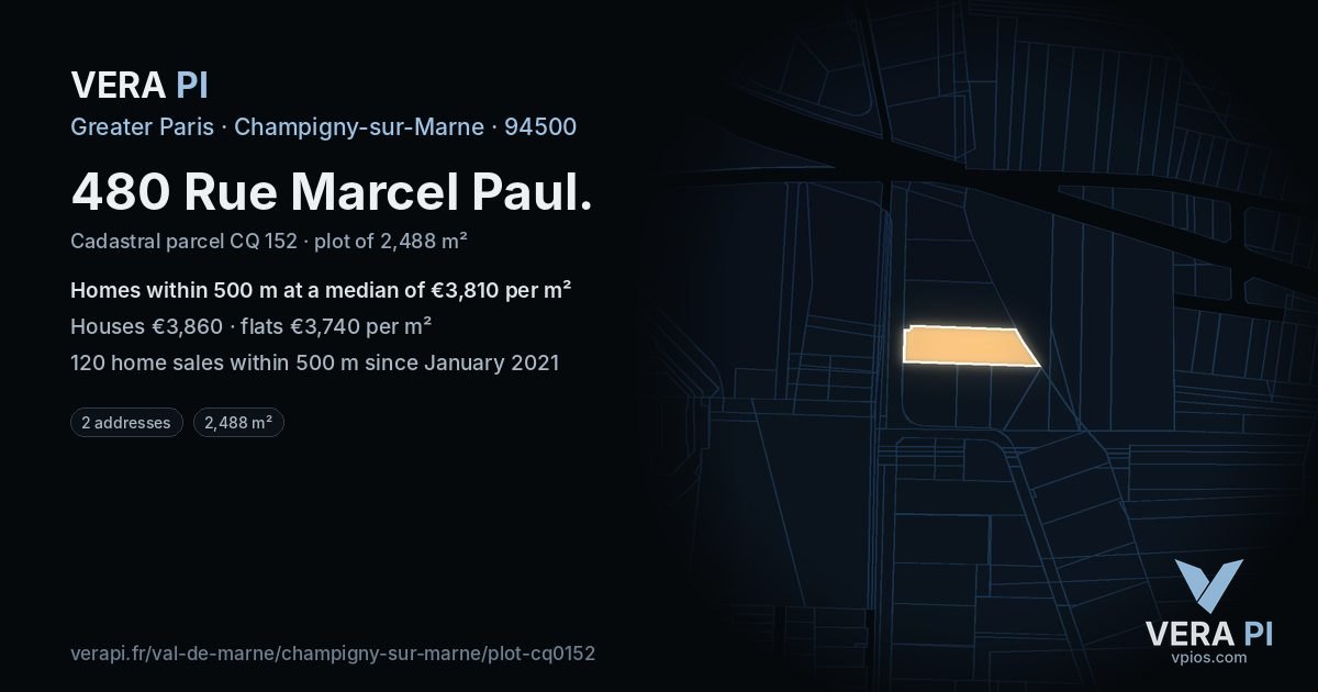 480 Rue Marcel Paul, Champigny-sur-Marne at night – the plot lit, the parcels around coloured by the prices near them