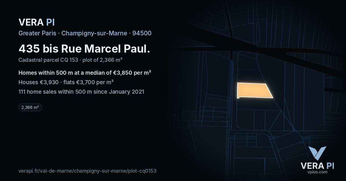435 bis Rue Marcel Paul, Champigny-sur-Marne at night – the plot lit, the parcels around coloured by the prices near them