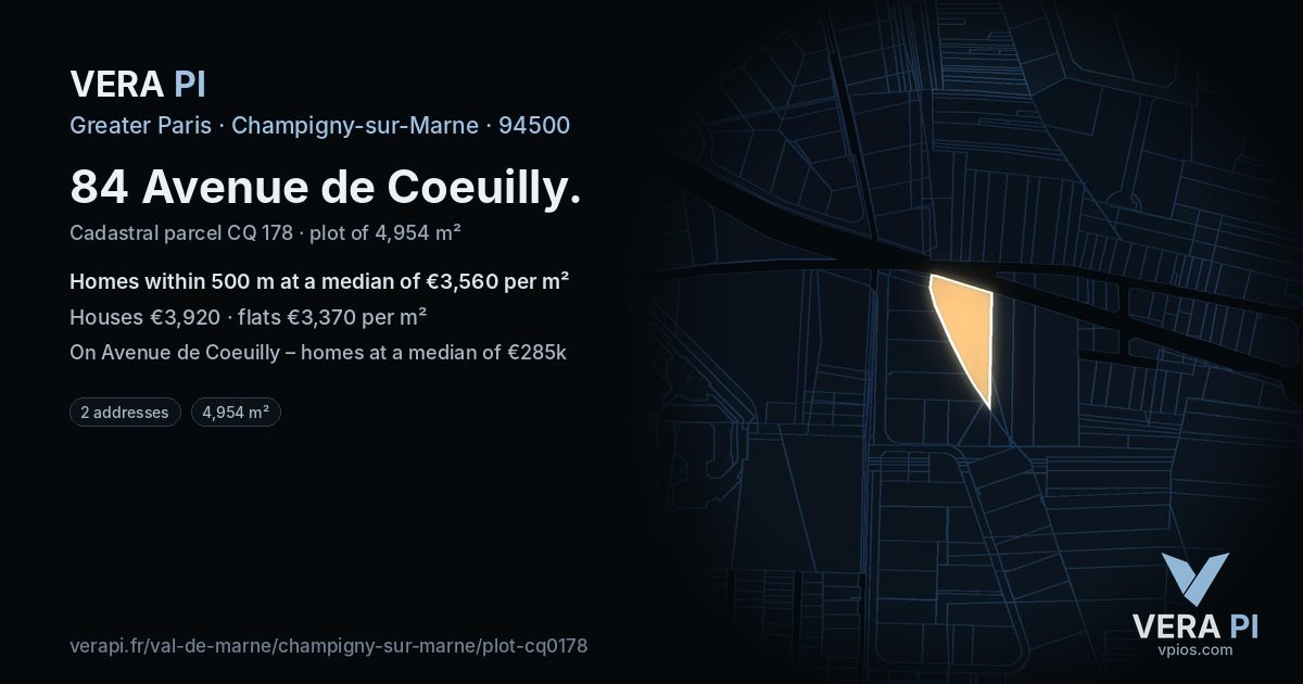 84 Avenue de Coeuilly, Champigny-sur-Marne at night – the plot lit, the parcels around coloured by the prices near them