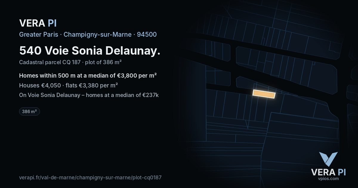 540 Voie Sonia Delaunay, Champigny-sur-Marne at night – the plot lit, the parcels around coloured by the prices near them