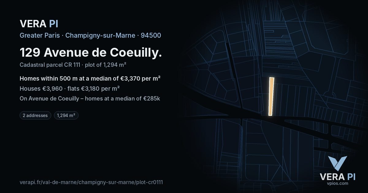 129 Avenue de Coeuilly, Champigny-sur-Marne at night – the plot lit, the parcels around coloured by the prices near them