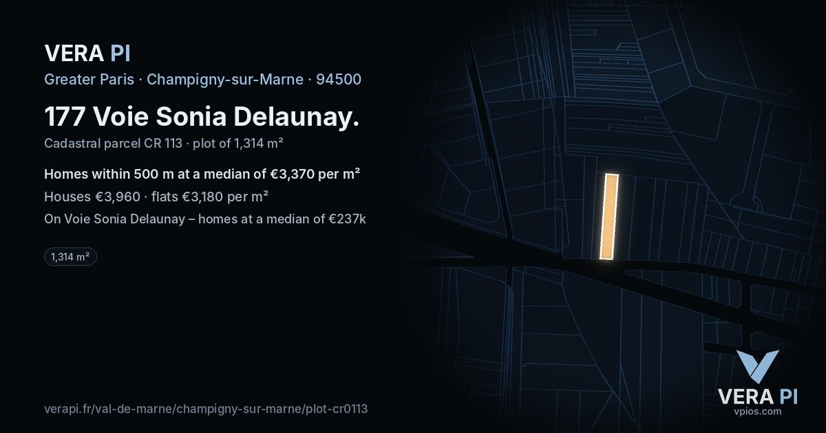 177 Voie Sonia Delaunay, Champigny-sur-Marne at night – the plot lit, the parcels around coloured by the prices near them