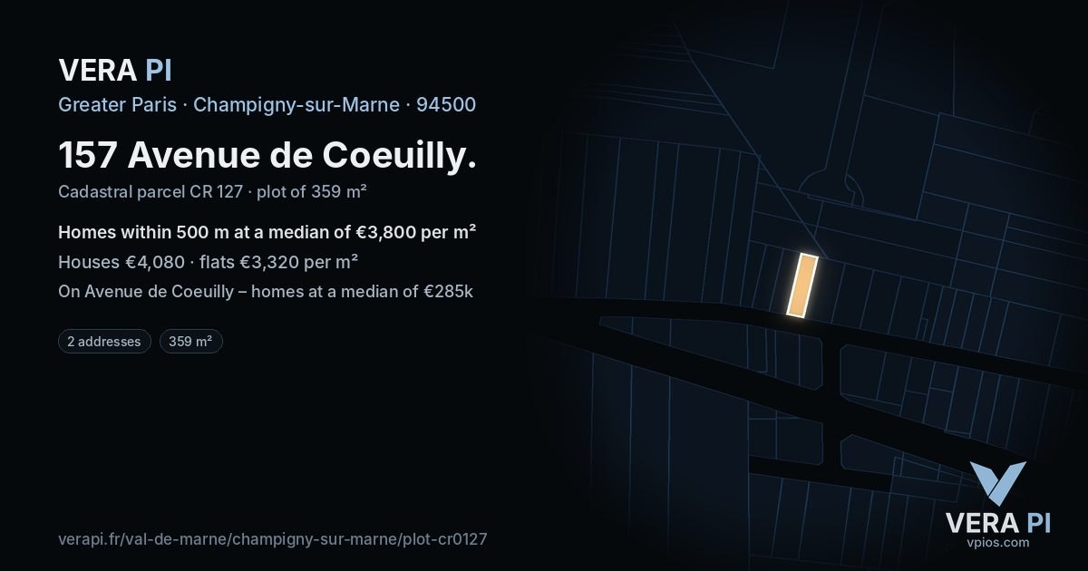 157 Avenue de Coeuilly, Champigny-sur-Marne at night – the plot lit, the parcels around coloured by the prices near them