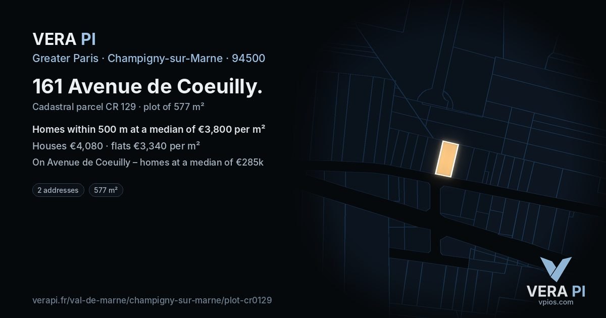 161 Avenue de Coeuilly, Champigny-sur-Marne at night – the plot lit, the parcels around coloured by the prices near them