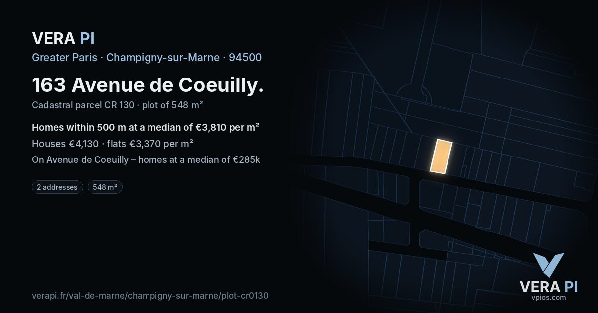 163 Avenue de Coeuilly, Champigny-sur-Marne at night – the plot lit, the parcels around coloured by the prices near them