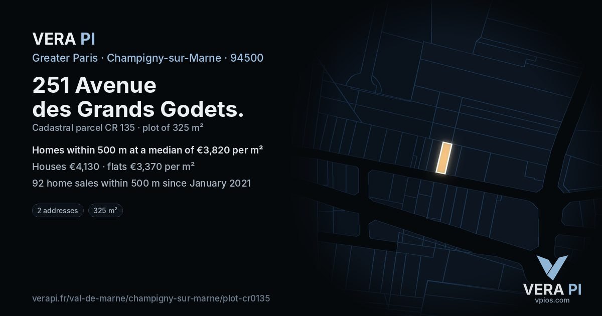 251 Avenue des Grands Godets, Champigny-sur-Marne at night – the plot lit, the parcels around coloured by the prices near them