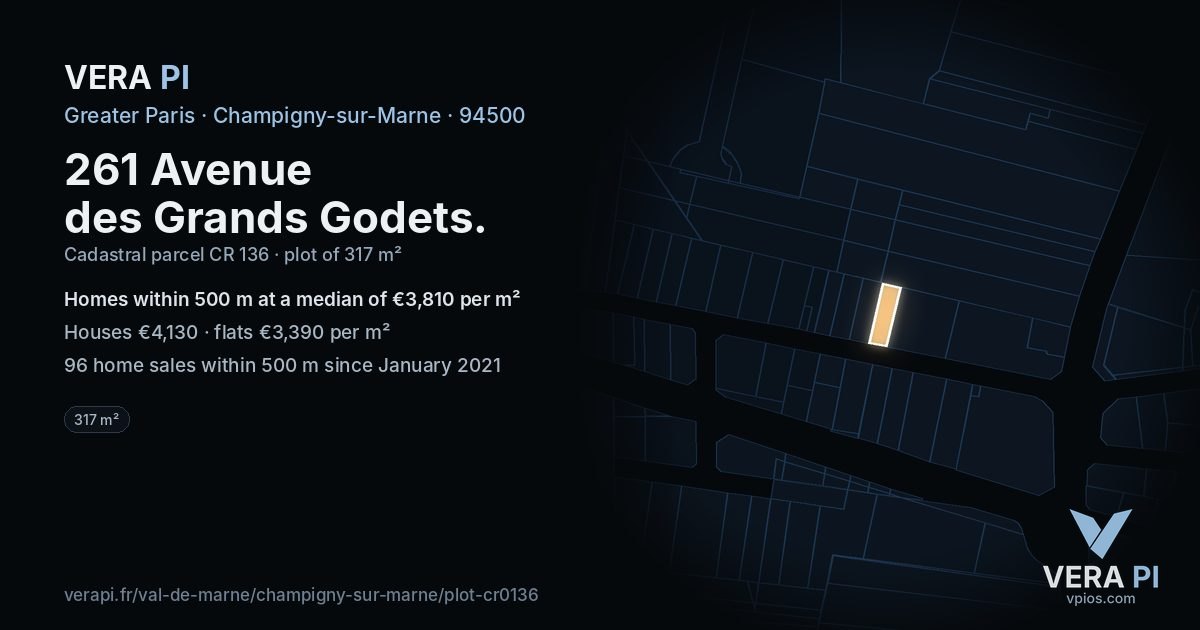 261 Avenue des Grands Godets, Champigny-sur-Marne at night – the plot lit, the parcels around coloured by the prices near them