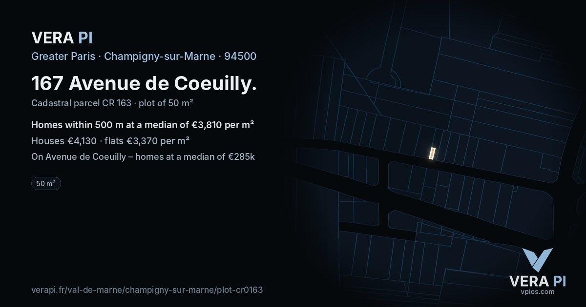 167 Avenue de Coeuilly, Champigny-sur-Marne at night – the plot lit, the parcels around coloured by the prices near them