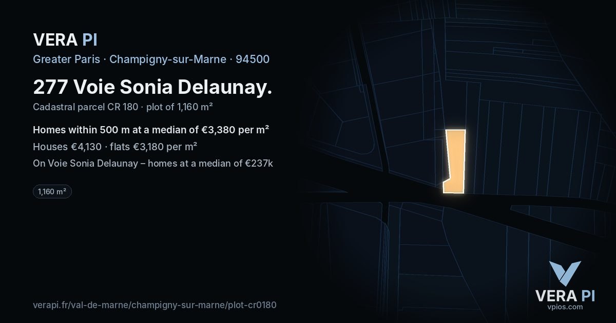 277 Voie Sonia Delaunay, Champigny-sur-Marne at night – the plot lit, the parcels around coloured by the prices near them