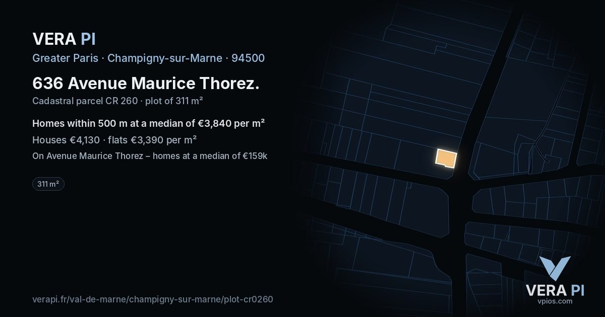 636 Avenue Maurice Thorez, Champigny-sur-Marne at night – the plot lit, the parcels around coloured by the prices near them