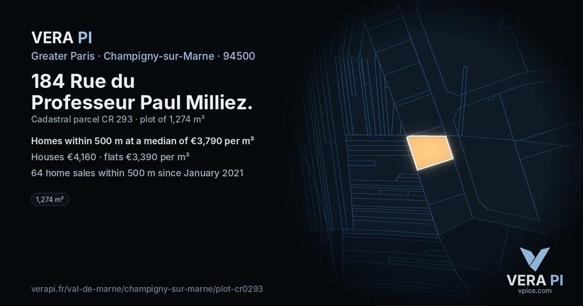 184 Rue du Professeur Paul Milliez, Champigny-sur-Marne at night – the plot lit, the parcels around coloured by the prices near them