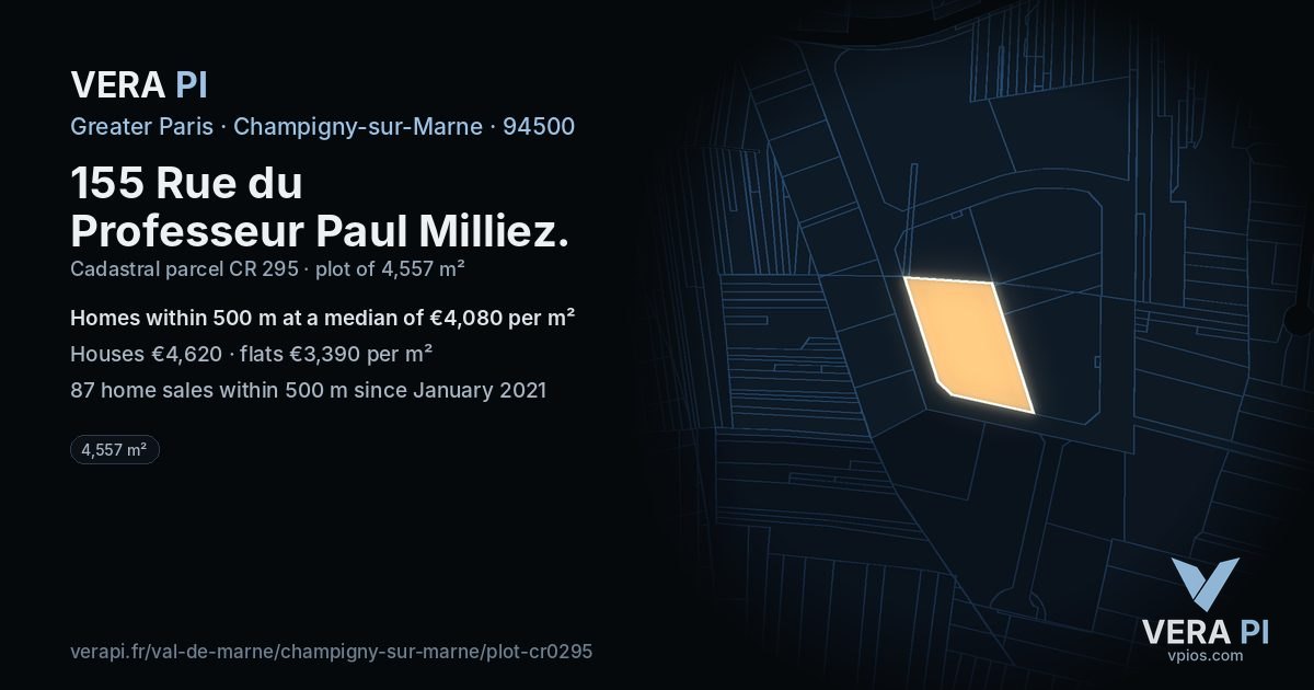 155 Rue du Professeur Paul Milliez, Champigny-sur-Marne at night – the plot lit, the parcels around coloured by the prices near them