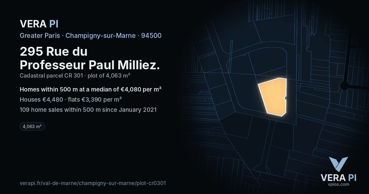 295 Rue du Professeur Paul Milliez, Champigny-sur-Marne at night – the plot lit, the parcels around coloured by the prices near them