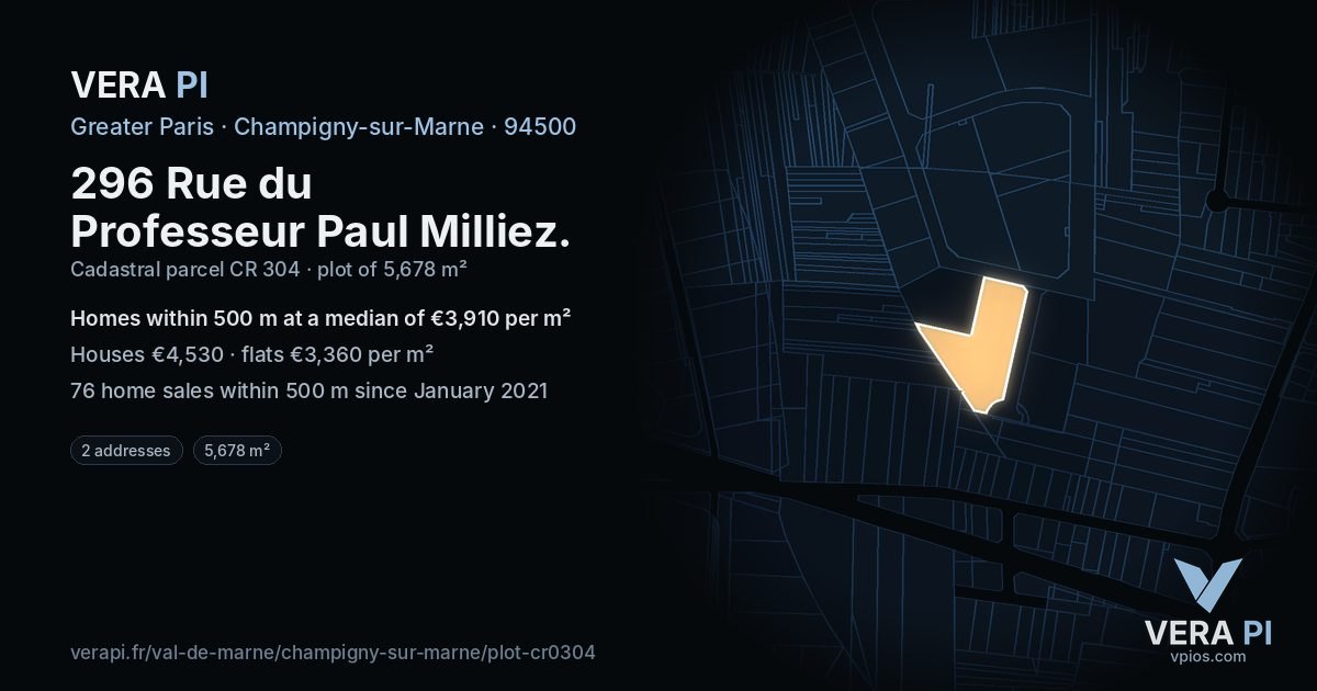 296 Rue du Professeur Paul Milliez, Champigny-sur-Marne at night – the plot lit, the parcels around coloured by the prices near them