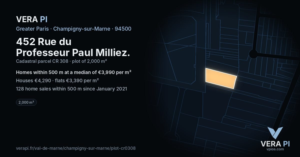 452 Rue du Professeur Paul Milliez, Champigny-sur-Marne at night – the plot lit, the parcels around coloured by the prices near them