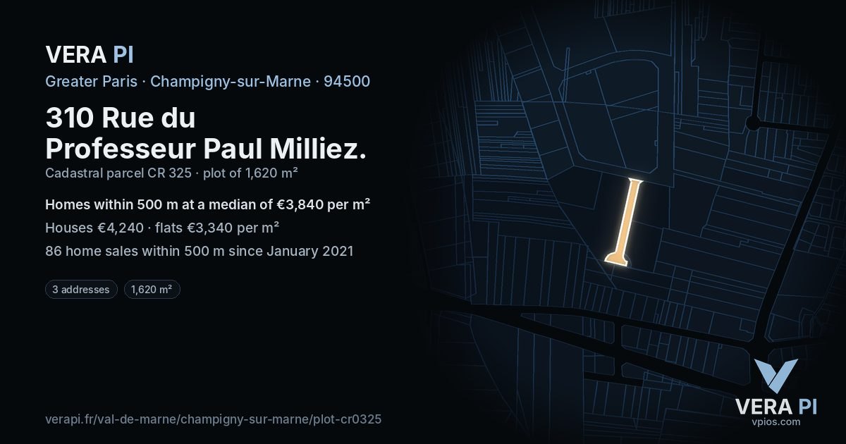 310 Rue du Professeur Paul Milliez, Champigny-sur-Marne at night – the plot lit, the parcels around coloured by the prices near them