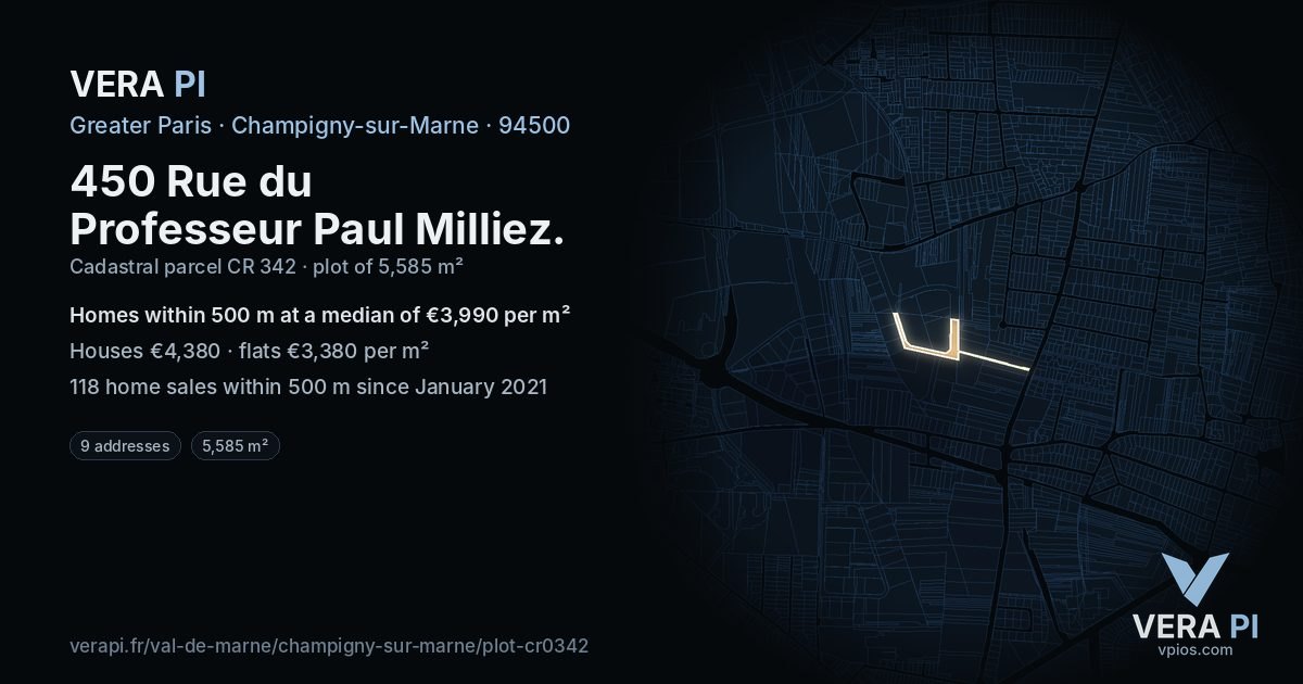 450 Rue du Professeur Paul Milliez, Champigny-sur-Marne at night – the plot lit, the parcels around coloured by the prices near them