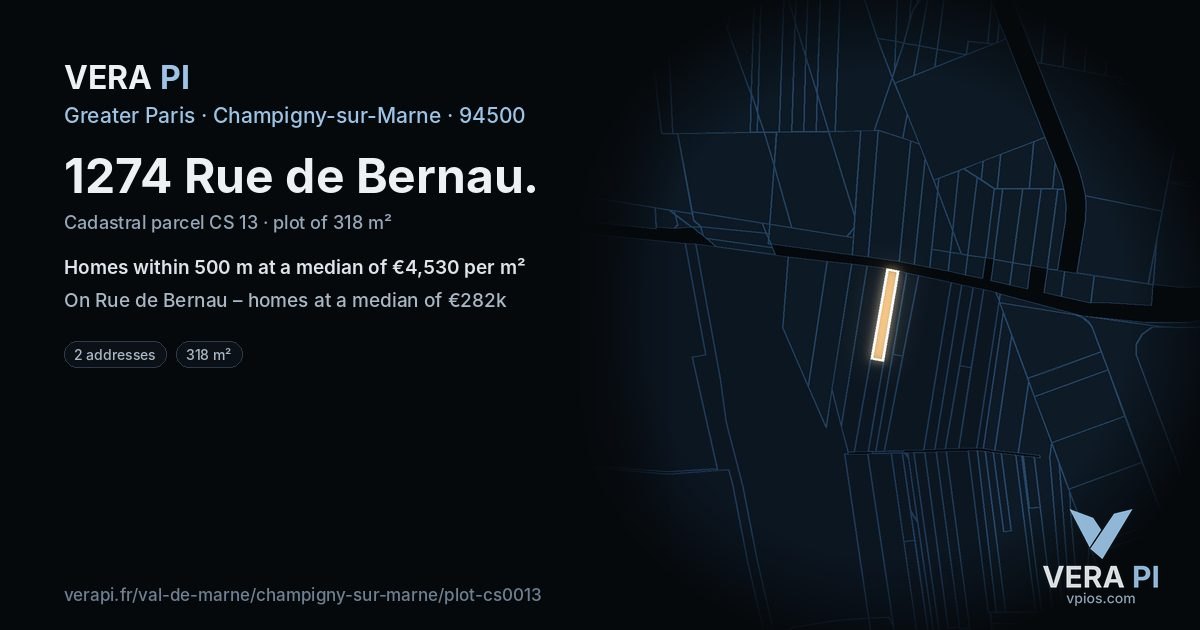 1274 Rue de Bernau, Champigny-sur-Marne at night – the plot lit, the parcels around coloured by the prices near them